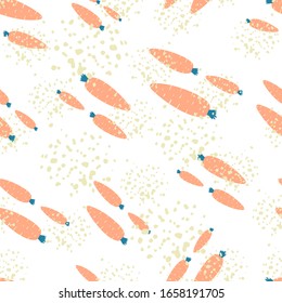 Hand drawn carrot seamless pattern on white background. Doodle carrots backdrop. Botanical wallpaper. Design for fabric, textile print, wrapping paper, kitchen textiles. Modern vector illustration