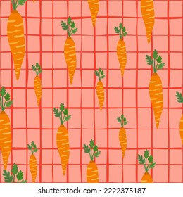 Patrón sin fisuras de zanahoria dibujada a mano. Papel tapiz de zanahorias de perro. Fondo vegetariano de alimentos saludables. Diseño para tela, impresión textil, papel envolvente. Ilustración del vector