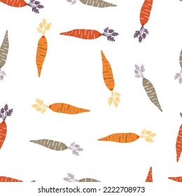 Hand drawn carrot seamless pattern. Doodle carrots wallpaper. Vegetarian healthy food backdrop. Design for fabric, textile print, wrapping paper. Vector illustration