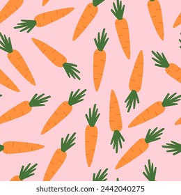 Hand drawn carrots on pink background, spring seamless pattern, cartoon flat vector illustration. Concepts of nature, vegetable, gardening, harvest and summer.