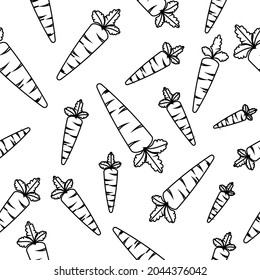 Hand drawn carrots outline vector seamless pattern. Carrots texture on white background. Vector Natural Carrot Isolated on White. Organic vegetable design element. Carrots seamless pattern wallpaper.