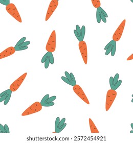 Hand drawn carrots seamless pattern. Easter theme background. Flat design. Vegetables, crop, healthy or vegan food wallpaper.