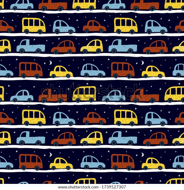 Hand drawn cars on a dark background. Night\
road. Print for fabric, for baby\
clothes