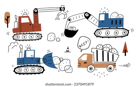 Hand drawn cars - Truck, claw tractor,  bulldozer, excavator in cartoon style. Set with cute cars for fabric, textile, apparel or kids room design . Poster in Scandinavian style. Colorful vector.