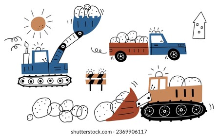 Hand drawn cars - Truck, tractor,  bulldozer, excavator in cartoon style. Set with cute cars for fabric, textile, postcard, apparel or kids room design. Poster in Scandinavian style. Colorful vector.