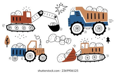 Hand drawn cars - Truck, tractor,  bulldozer, excavator in cartoon style. Set with cute cars for fabric, textile, postcard, apparel or kids room design . Poster in Scandinavian style. Colorful vector.