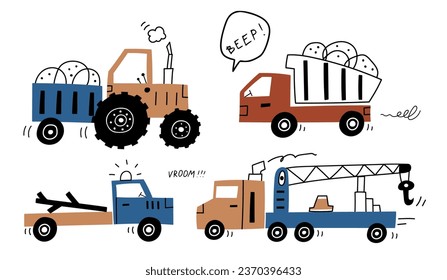 Hand drawn cars - Truck, tractor,  bulldozer, excavator in cartoon style. Set with cute cars for fabric, textile, postcard, apparel or kids room design. Poster in Scandinavian style. Colorful vector.