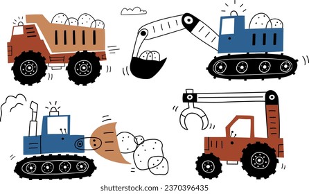 Hand drawn cars - Truck, tractor,  bulldozer, excavator in cartoon style. Set with cute cars for fabric, textile, postcard, apparel or kids room design . Poster in Scandinavian style. Colorful vector.