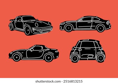 Hand drawn cars. Vector illustrations for apparel prints and other uses.