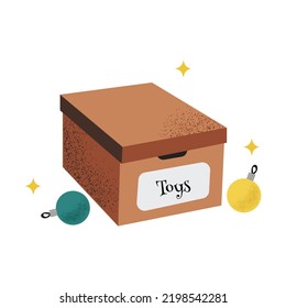 Hand drawn carton box with Christmas ornaments toys, vector illustration in flat style, isolated on white background