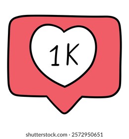 Hand drawn cartoon 1 thousand likes social media notification icon isolated on white background. Vector illustration.