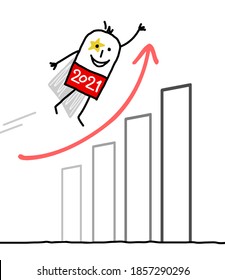 Hand drawn Cartoon 2021 Super Hero with an optimistic economy chart