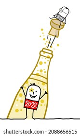 Hand drawn Cartoon 2022 Man with a Champagne bottle, and a small 2021 guy on the cap with mask