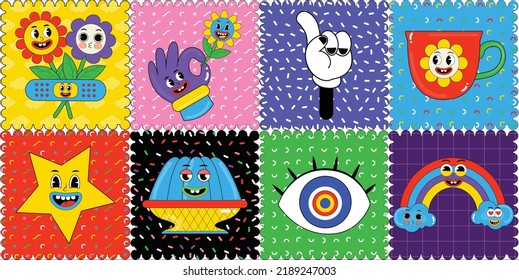 Hand drawn cartoon abstract groovy comic funny cheerful emoji characters sticker pack. Trendy cartoon Stamp and postage. Comic doodle, psychedelic sticker, Acidic stickers.Trendy retro cartoon element