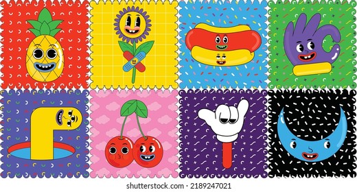 Hand drawn cartoon abstract groovy comic funny cheerful emoji characters sticker pack. Trendy cartoon badges and labels, Stamp, Postage. Comic doodle, psychedelic sticker, Acidic stickers.