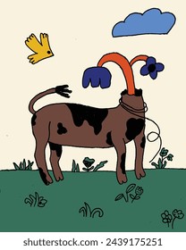 hand drawn cartoon abstract illustration of cow on grassland