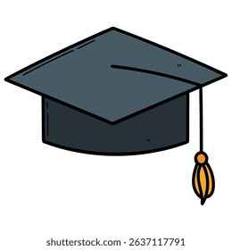 Hand drawn cartoon academic hat or graduation cap isolated on white background. Vector illustration.