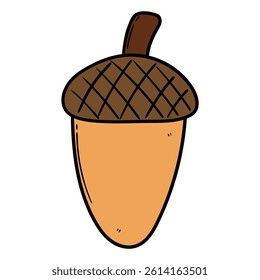 Hand drawn cartoon acorn isolated on white background. Vector illustration.