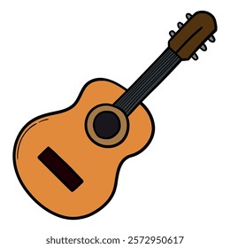 Hand drawn cartoon acoustic guitar icon isolated on white background. Vector illustration.