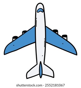 Hand drawn cartoon airplane top view isolated on white background. Vector illustration.