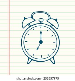 Hand drawn cartoon alarm clock, isolated on lined paper background.