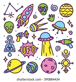 Hand drawn cartoon Alien space vector set