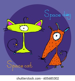 Hand drawn cartoon Aliens space vector set. The Space Dog and The Space Cat for children. 