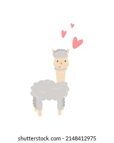 Hand drawn cartoon alpaca, llama. Vector illustration of a llama on a white background. Love character. For baby postcard, book, poster.

