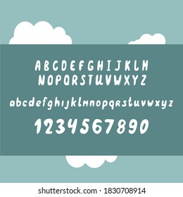 hand drawn cartoon alphabet, letters and numbers on abstract background, vector illustration