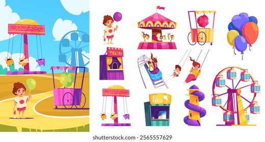 Hand Drawn cartoon amusement park illustration and icons set
