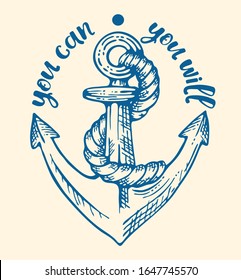 Hand drawn cartoon anchor from a boat or ship with a rope wrapped in engraved style. Isolated vector illustration with lettering. Template for notebook, cards, T-shirt, posters.