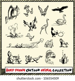 Hand drawn cartoon animal collection in black on light yellow background