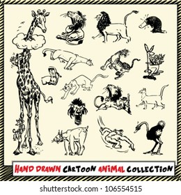 Hand drawn cartoon animal collection in black on light yellow background