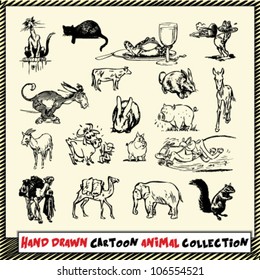 Hand drawn cartoon animal collection in black on light yellow background