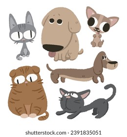 hand drawn cartoon animal, dogs and cats, cute pets, Golden Retriever, Chihuahua, Dachshund, Exotic Shorthair, Russian Blue, British Shorthair