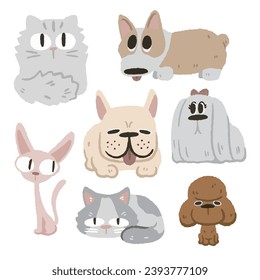 hand drawn cartoon animal, dogs and cats, cute pets, Corgi, Maltese, French Bulldog, Poodle, Chinchilla, Ragdoll, Sphynx