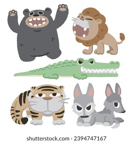 hand drawn cartoon animals, cute animals, bear, lion, tiger, wolf, crocodile