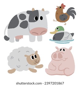 animales de dibujos animados a mano, animales lindos, vaca, cerdo, oveja, pato, gallo, pollo
