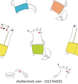 Hand drawn cartoon animals vector illustrarion. Cute character animals in shorts. Coloring print for children. Bear, fox and crocodile. Seamless pattern