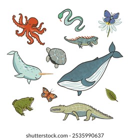Hand drawn cartoon animals vector illustrations set.