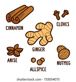 Hand drawn cartoon aromatic spices: cinnamon, ginger, cloves, nutmeg, anise and allspice. Pumpkin Spice ingredients drawing, vector illustration.