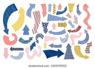 Hand Drawn Cartoon Arrow. Collection isolated vector texture decorative arrows. Concept geometric elements shape for design.