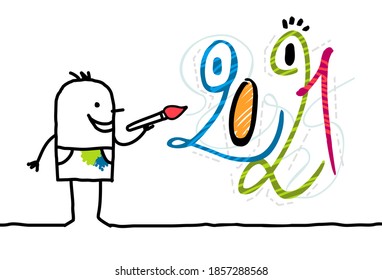 Hand drawn Cartoon Artist Painting a 2021 funny Graffiti face