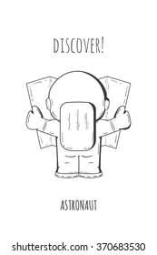 Hand drawn cartoon astronaut in spacesuit back view. Line art cosmic vector illustration astronaut look at the map, looking for something. Concept space travel, spaceflight, navigation on terrain