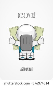 Hand drawn cartoon astronaut in spacesuit back view. Line art cosmic vector illustration cosmonaut look at the map, looking for something. Concept space travel, spaceflight, navigation on terrain.