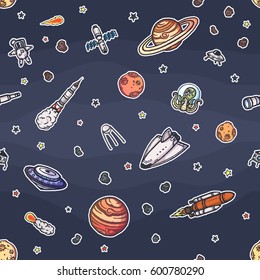 Hand drawn cartoon astronomy seamless pattern.