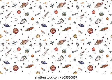 Hand drawn cartoon astronomy seamless pattern.
