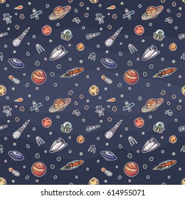 Hand drawn cartoon astronomy seamless pattern.