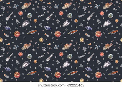 Hand drawn cartoon astronomy seamless pattern.