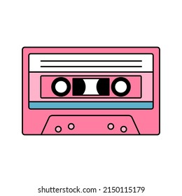 Hand drawn cartoon audio tape on white background. Retro audio cassette. Vector icon illustration.